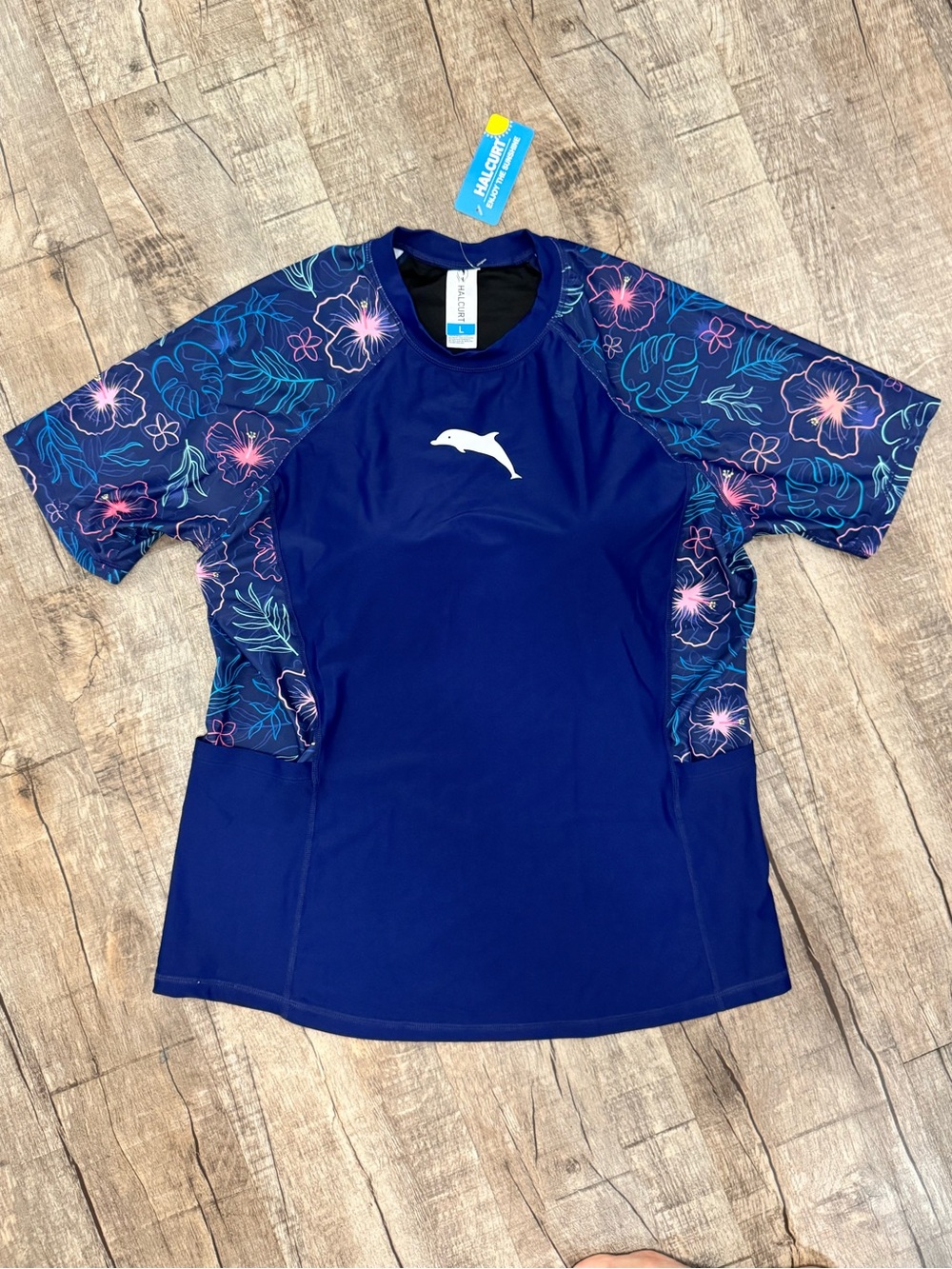 Halcurt Rash Guard Swim Top Large UPF 50+ Floral Short Sleeve Swim Shirt NWT